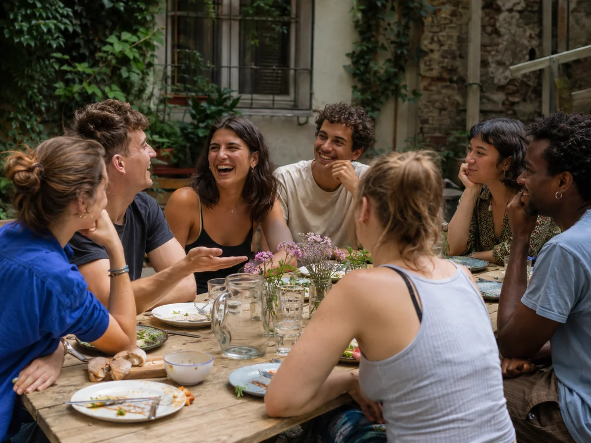 Illustration: people of mixed ages sharing a table and talking