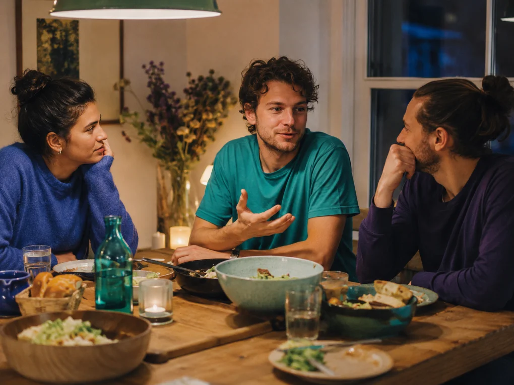 Illustration: people of mixed ages sharing a meal and talking